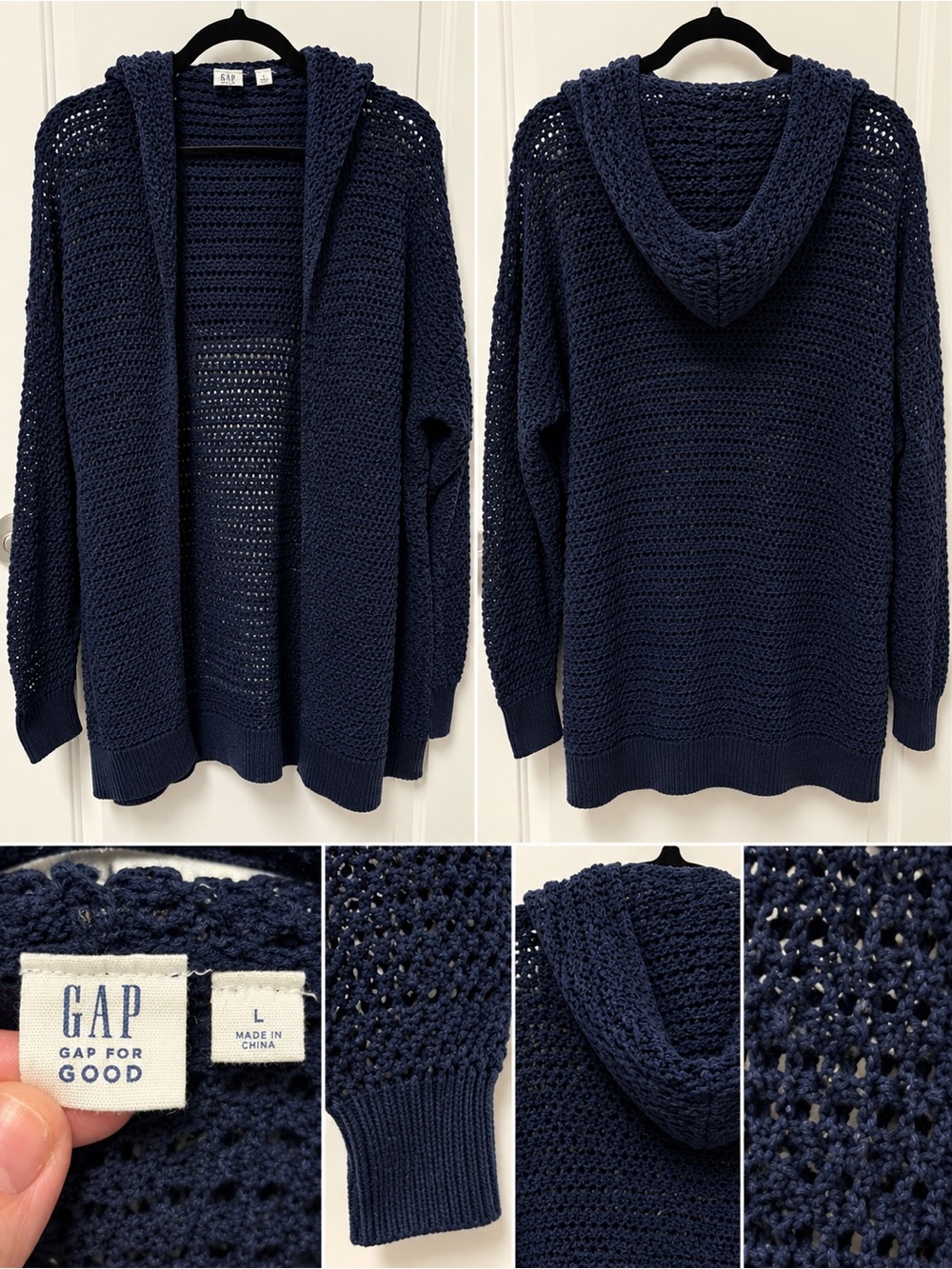 GAP Navy Open-Weave Hooded Cardigan